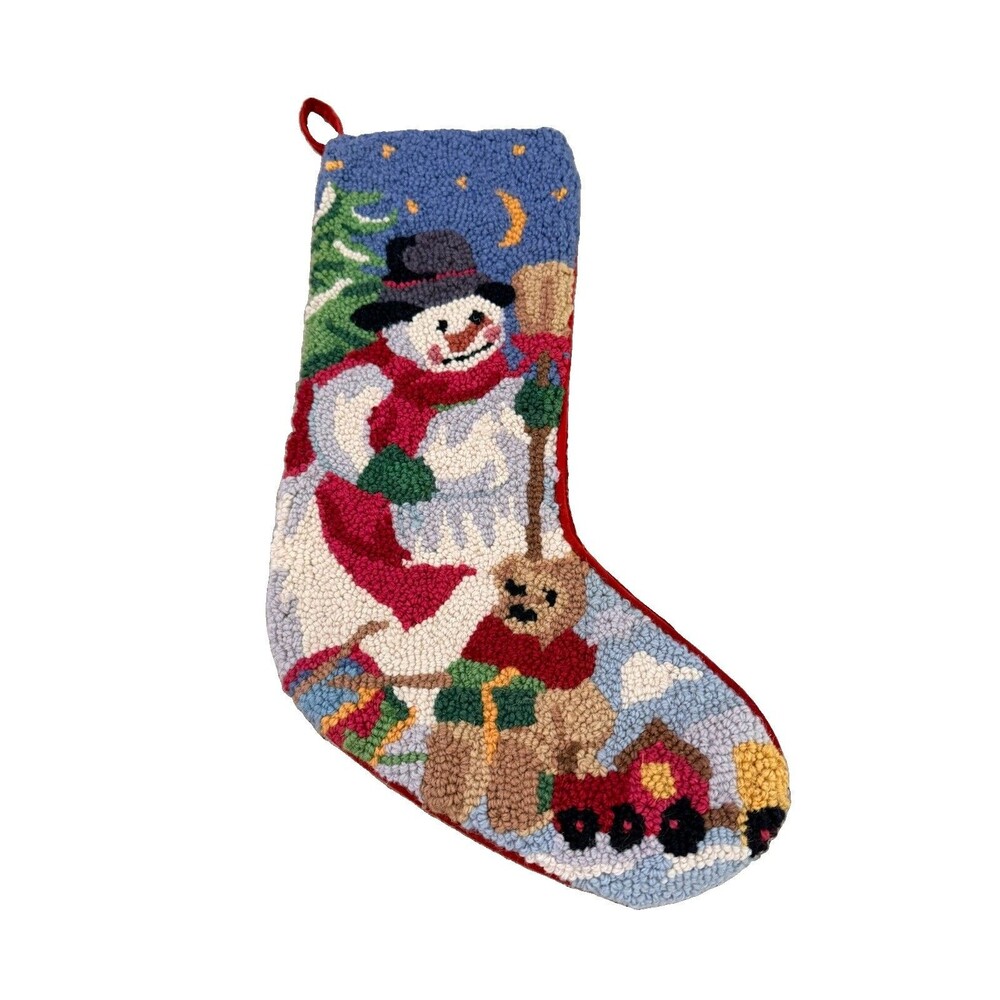 Vtg Needlepoint Snowman Christmas Stocking 100% Wool Velvet 11x18 Classic 90’s